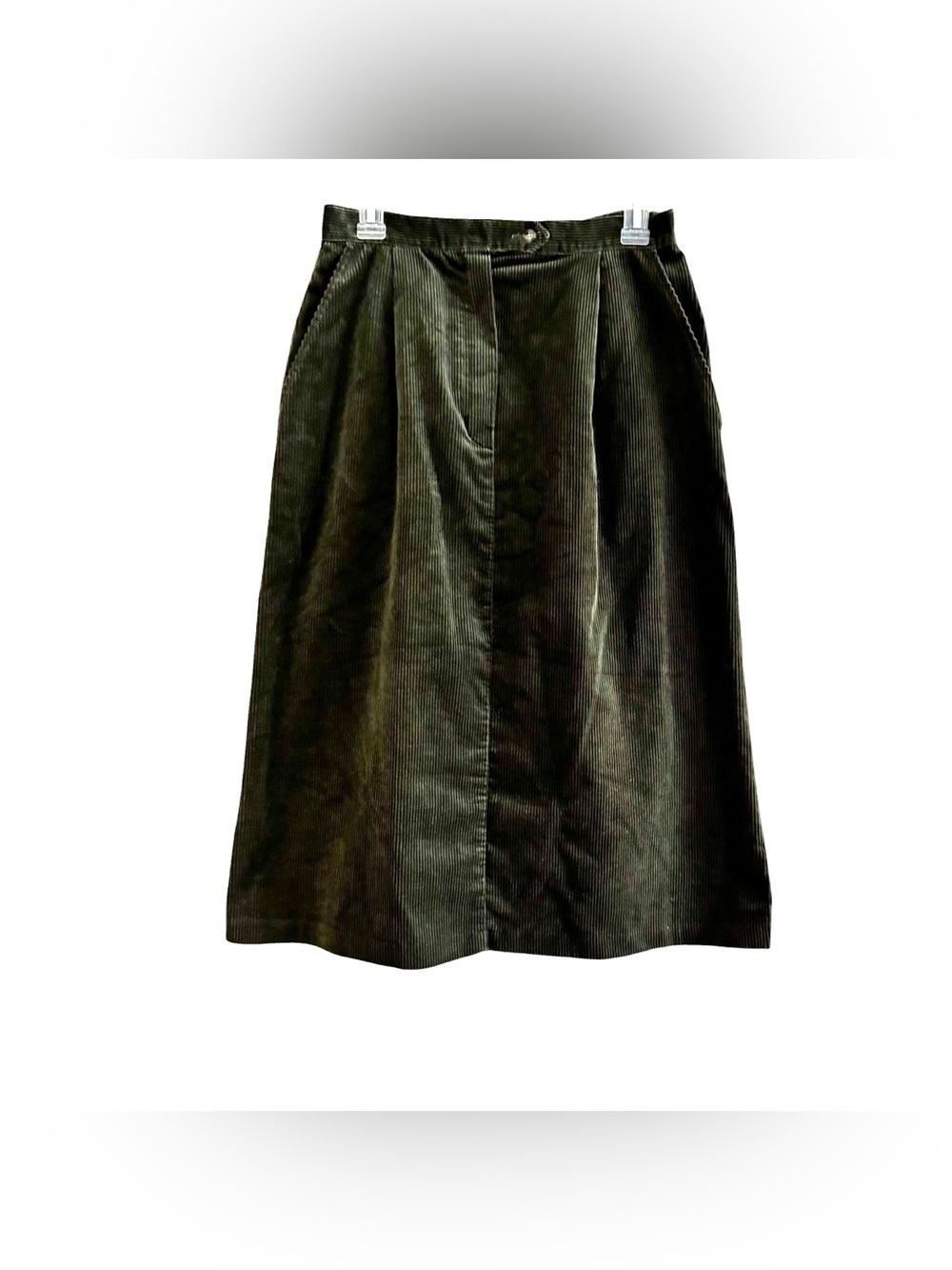 VTG Russ Corduroy Dark Green Midi Skirt A-line Pleaded Modest Dark Academia S/M
